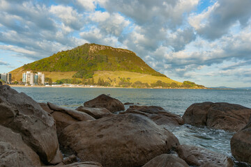 Sticker - Mount Maunganui stands tall across Main Beach from rocky Moturiki Island