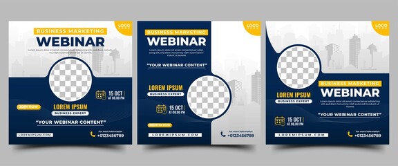 business webinar conference social media post template collection. modern square banner with city il