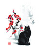 A black cat sits near a vase with a branch of blossoming sakura.  The text in seal is 