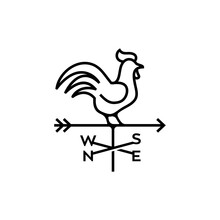 Wind Vane Rooster Line Outline Abstract Retro Style Vector Sign, Emblem Or Logo Template, Weathercock / Weather Vane Vintage Logo. Rooster With Arrow Logo