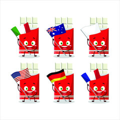 Poster - White chocolate bar cartoon character bring the flags of various countries. Vector illustration