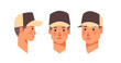 set guy in cap head avatar front side view male character different views for animation horizontal
