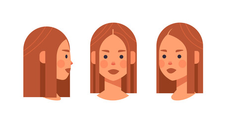 set girl head avatar front side view female character different views for animation portrait