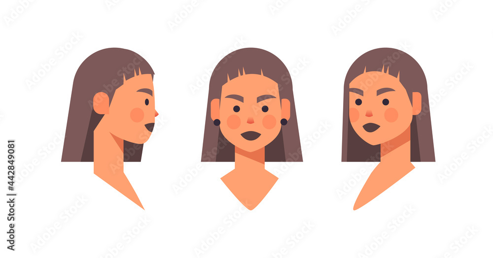 set girl head avatar front side view female character different views for animation horizontal