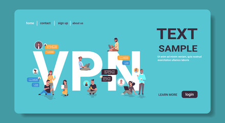 Wall Mural - people using virtual private network vpn for communication cyber security and privacy concept