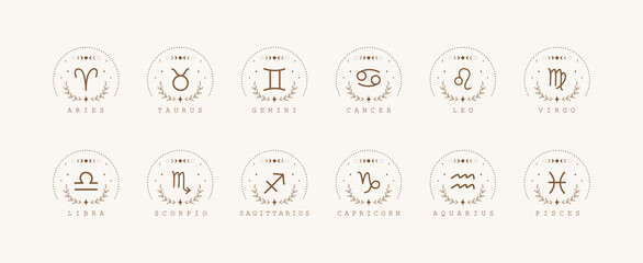 zodiac signs in boho style. set of astrological icons isolated on white background. mystery and esot