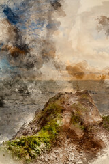 Wall Mural - digital watercolour painting of stunning landscape image of view from hartland quay in devon england