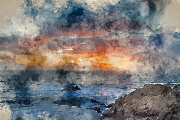 Wall Mural - digital watercolour painting of stunning landscape image of view from hartland quay in devon england