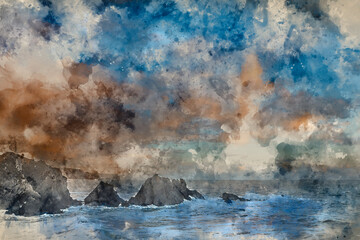 Wall Mural - digital watercolour painting of stunning landscape image of view from hartland quay in devon england