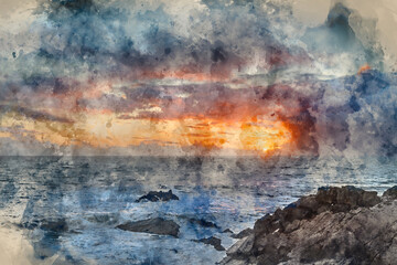Wall Mural - digital watercolour painting of stunning landscape image of view from hartland quay in devon england