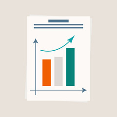 Growth graph, paper document, page. Graph, diagram of efficiency. Statistics, analysis or audit of changes in key business indicators. Development control concept, growth trend. Vector illustration