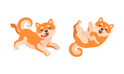 Canvas Print - Adorable Shiba Inu Dog Activities Set, Akita Inu Puppy Playing and Resting Cartoon Vector Illustration