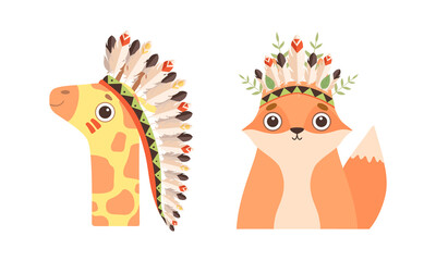 Sticker - Set of Lovely Animal in Wreath of Flowers, Spring Portraits of Giraffe and Fox Cute Baby Animals Cartoon Vector Illustration