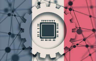 CPU microprocessor icon in gear and flag of France