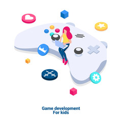Concept of game development for kids. Courses for the development of mobile and computer games. Vector illustration in isometric style, isolated on white background