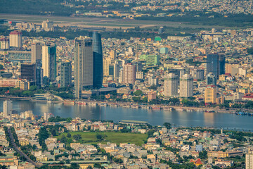 Aerial view of Da Nang city, Vietnam. Cityscape view at Son Tra peninsula