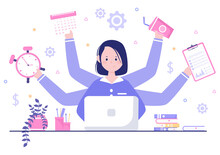 Multitasking Business Woman Or Office Worker As Secretary Surrounded By Hands With Holding Every Job In The Workplace. Vector Illustration