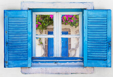 Iconic Blue Wooden Window On White Stone Wall Of Typical Greek House, Greece