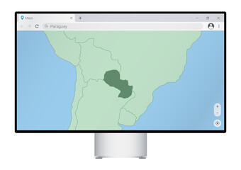 Computer monitor with map of Paraguay in browser, search for the country of Paraguay on the web mapping program.