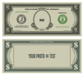 sample obverse and reverse of fictional paper money in the style of us dollars with inscriptions - y