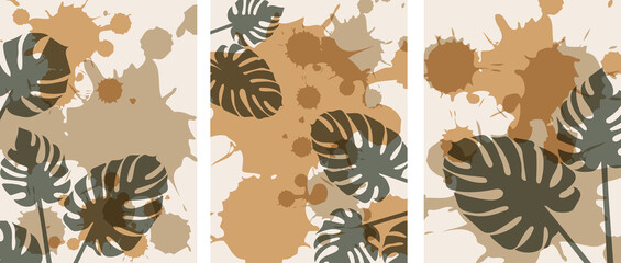 Collection of artistic modern minimalistic abstractions with monstera leaves. Plants on the background of blots