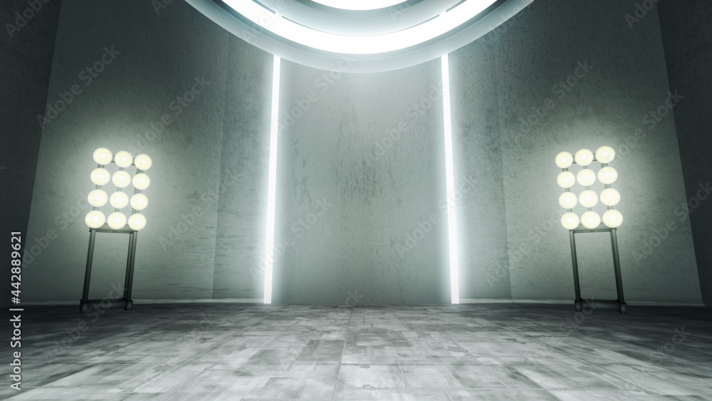 Virtual music stage background set with spotlights. Low angle
