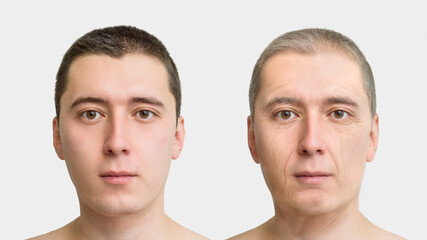 the face of a young and elderly man, the concept of old age and fading skin, wrinkles on the face of men. comparison before after