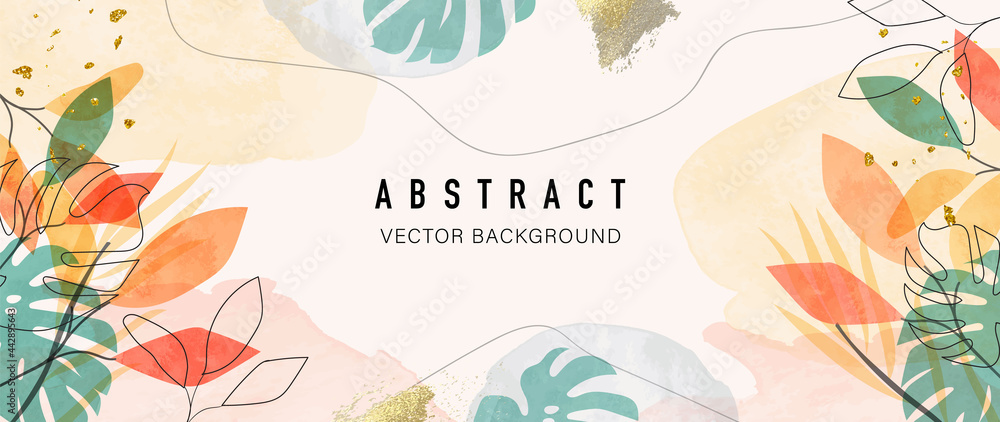 Abstract art background vector. Luxury minimal style wallpaper with golden line art flower and botanical leaves, Organic shapes, Watercolor. Vector background for banner, poster, Web and packaging. - obrazy, fototapety, plakaty 