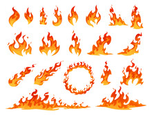 Collection Of Red And Orange Cartoon Fire Flame Vector. Flammable Fireball, Circle, Inferno Light