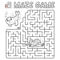 Wall Mural - Maze puzzle game for children. Outline maze or labyrinth game with seal.