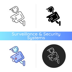 Poster - Floodlight camera icon. Scaring away intruders. Manually lights control. Wireless outdoor camera. Motion detection function at nights. Linear black and RGB color styles. Isolated vector illustrations