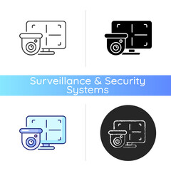 Sticker - CCTV monitor icon. Device for surveillance video in real-time display. Converting signal into visual picture. Surveillance equipment. Linear black and RGB color styles. Isolated vector illustrations