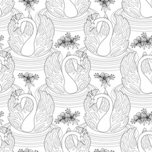  Swan And Flowers, White And Black Elements On White Background. Seamless Pattern, Vector.