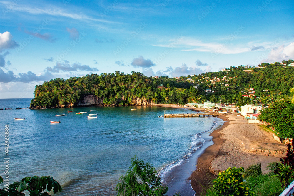 Anse la Raye, beautiful sand beach in Saint Lucia, Caribbean Islands - obrazy, fototapety, plakaty 