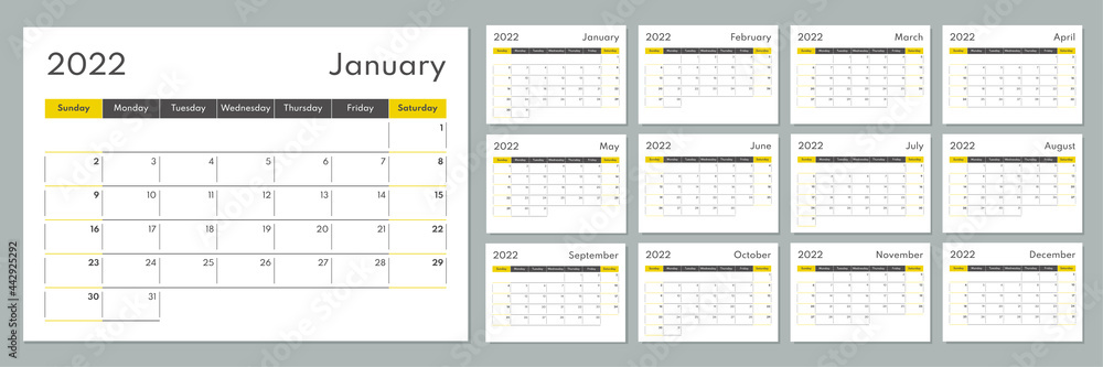 2022 calendar template. Corporate and busines planner diary. Week starts on Sunday. Set of 12 months 2022 pages. - obrazy, fototapety, plakaty 