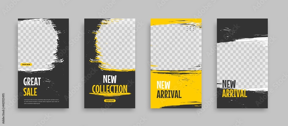 Set of Editable minimal square banner template. Blue yellow white background color with geometric shapes for social media post, story and web internet ads. Vector illustration - obrazy, fototapety, plakaty 