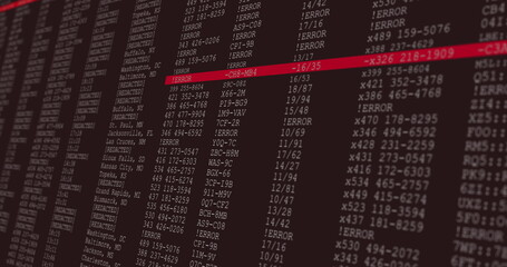 Image of data processing on grey and red computer screen
