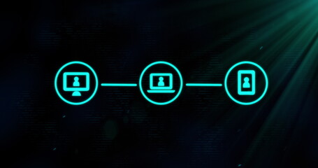 Image of three green digital computer interface icons on glowing green background
