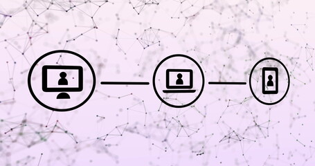 Image of three black digital computer interface icons with plexus structure in background