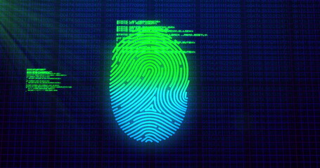 Image of digital biometric fingerprint computer interface icon on mesh black background