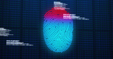 Image of digital biometric fingerprint computer interface icon on mesh black background