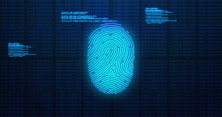 Image of digital biometric fingerprint computer interface icon and data processing on blue backg