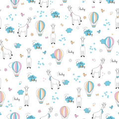 Seamless childish pattern with cute giraffe and hot air balloon. Creative kids texture for fabric, wrapping, textile, wallpaper, apparel. Vector illustration