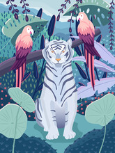 Blue Tiger With Colorful Parrots In A Jungle. Beautiful Wildlife Scene With Wild Animals And Colorful Nature. Vector Illustration.