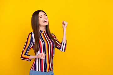 Poster - Profile side photo of young attractive woman happy positive smile rejoice victory success isolated over yellow color background