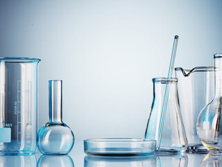 Wall Mural - microscope with lab glassware, science laboratory research and development concept
