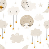 Seamless childrens hand-drawn pattern with cute moons, clouds and stars. Creative kids texture for fabric, wrapping, textile, wallpaper, apparel. Vector illustration. Good night.