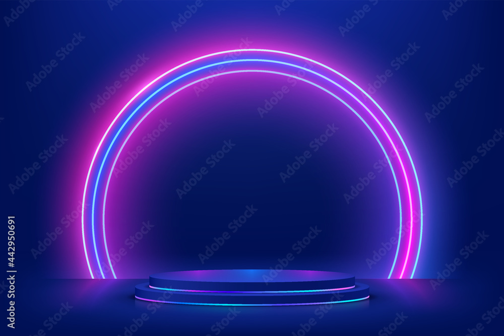 Abstract 3D dark blue cylinder pedestal podium with glowing semicircle neon backdrop. Technology futuristic scene. Sci-fi platform concept. Modern vector rendering for product display presentation - obrazy, fototapety, plakaty 