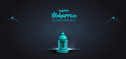 happy muharram islamic new year card design with blue lanterns