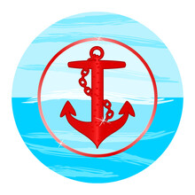 Anchor Emblem With Circular Frame Isolated On White Background. Red Anchor Silhouette In Blue Circle Background. Round Nautical Sign, Symbol Or Icon.Marine Logotype Template.Stock Vector Illustration